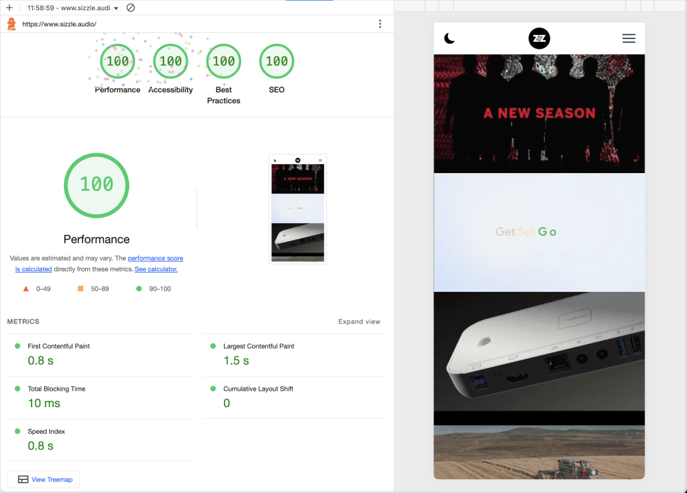 a screenshot of perfect Google pagespeed scores for https://sizzle.audio